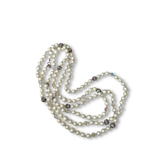 Judy Lee Faux Pearl Aurora Borealis Crystal Necklace 64" Signed - Picture 2 of 4